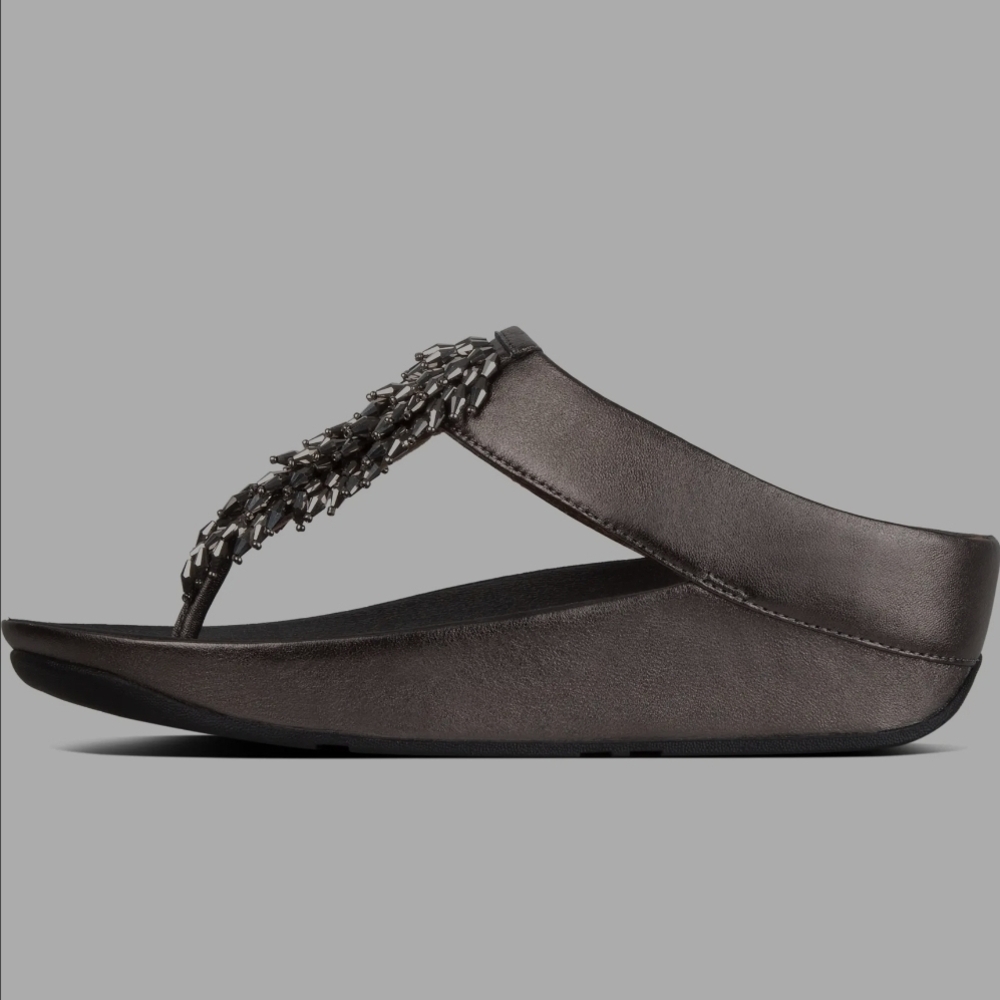 Fitflop Metallic Gunmetal Beaded Wedge Thong Sandals